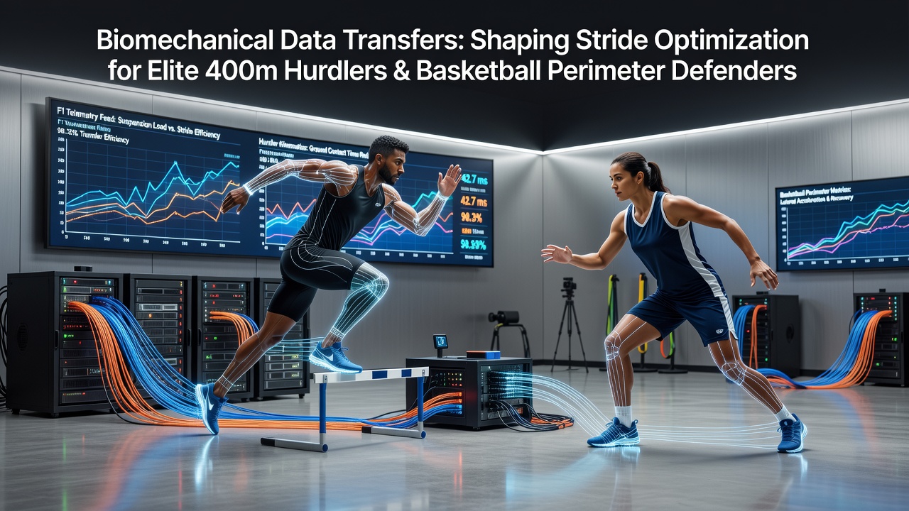 F1 telemetry sensors capturing acceleration and force data during high-speed cornering, with overlaid stride analysis graphics for athletic applications