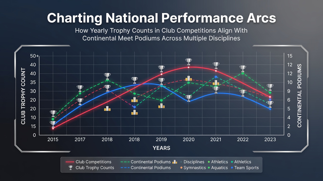 National performance charts showing trophy counts and continental podium alignments across sports disciplines