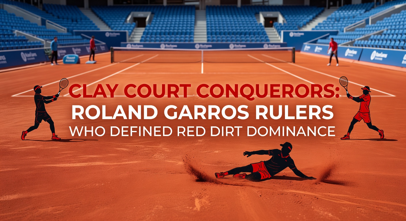 Bjorn Borg sliding on red clay during a intense Roland Garros rally, racket poised for a topspin forehand
