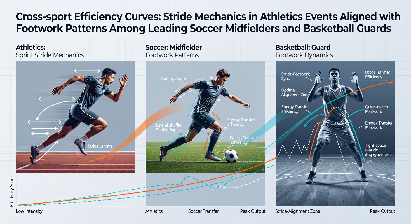 Athletes demonstrating stride mechanics during a track event with overlaid footwork analysis diagrams