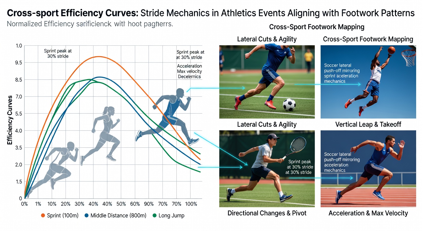 Comparative analysis graphic showing foot placement sequences for a soccer midfielder, basketball guard, and track athlete side by side