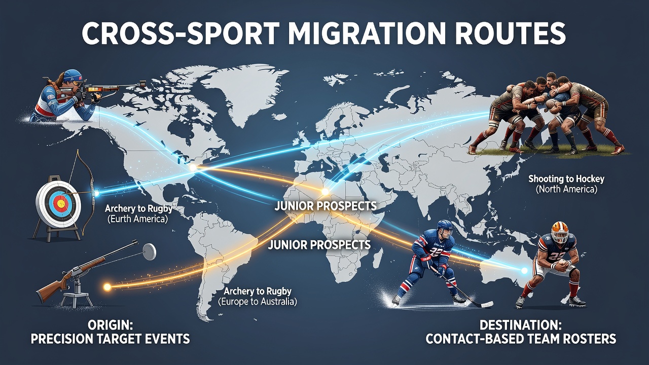 Junior athletes transitioning from target shooting ranges to rugby training fields in a global sports development program