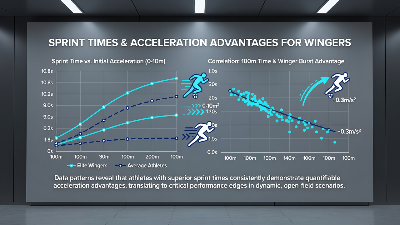 Data visualization screens displaying sprint time graphs overlaid with soccer winger acceleration heat maps from European league matches