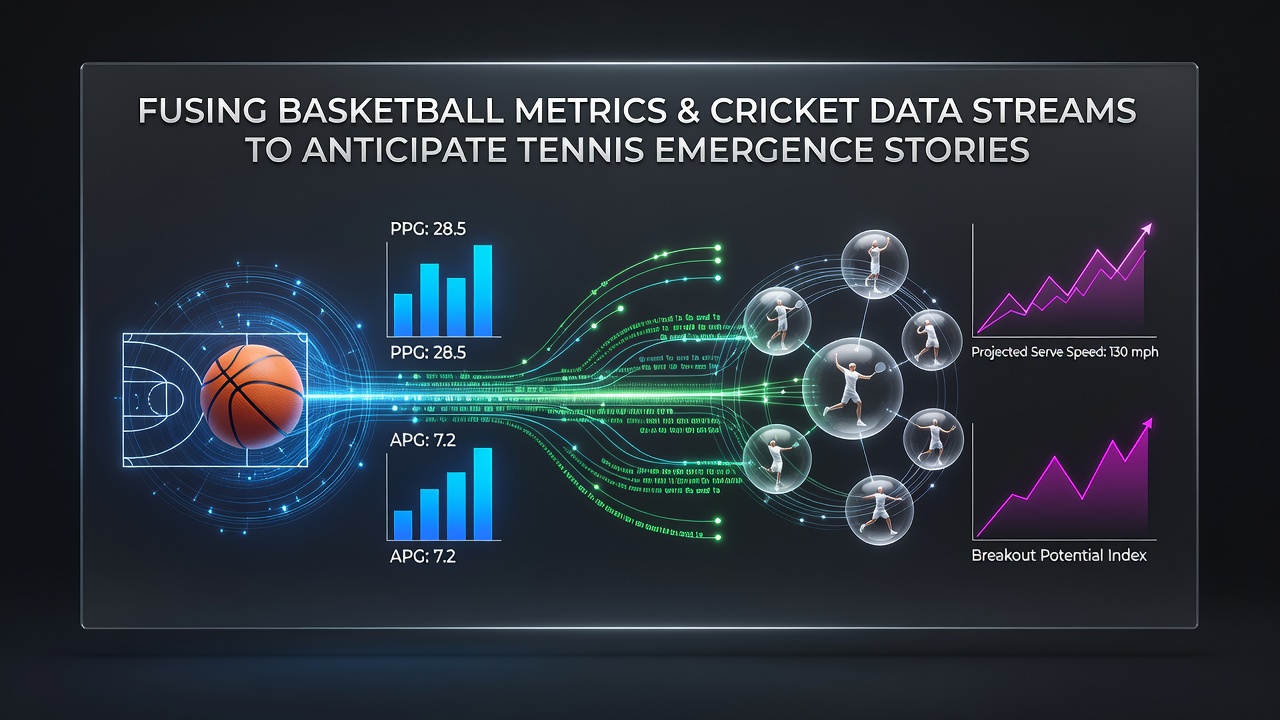Data analysts reviewing integrated basketball and cricket performance metrics on multiple screens for tennis player forecasting