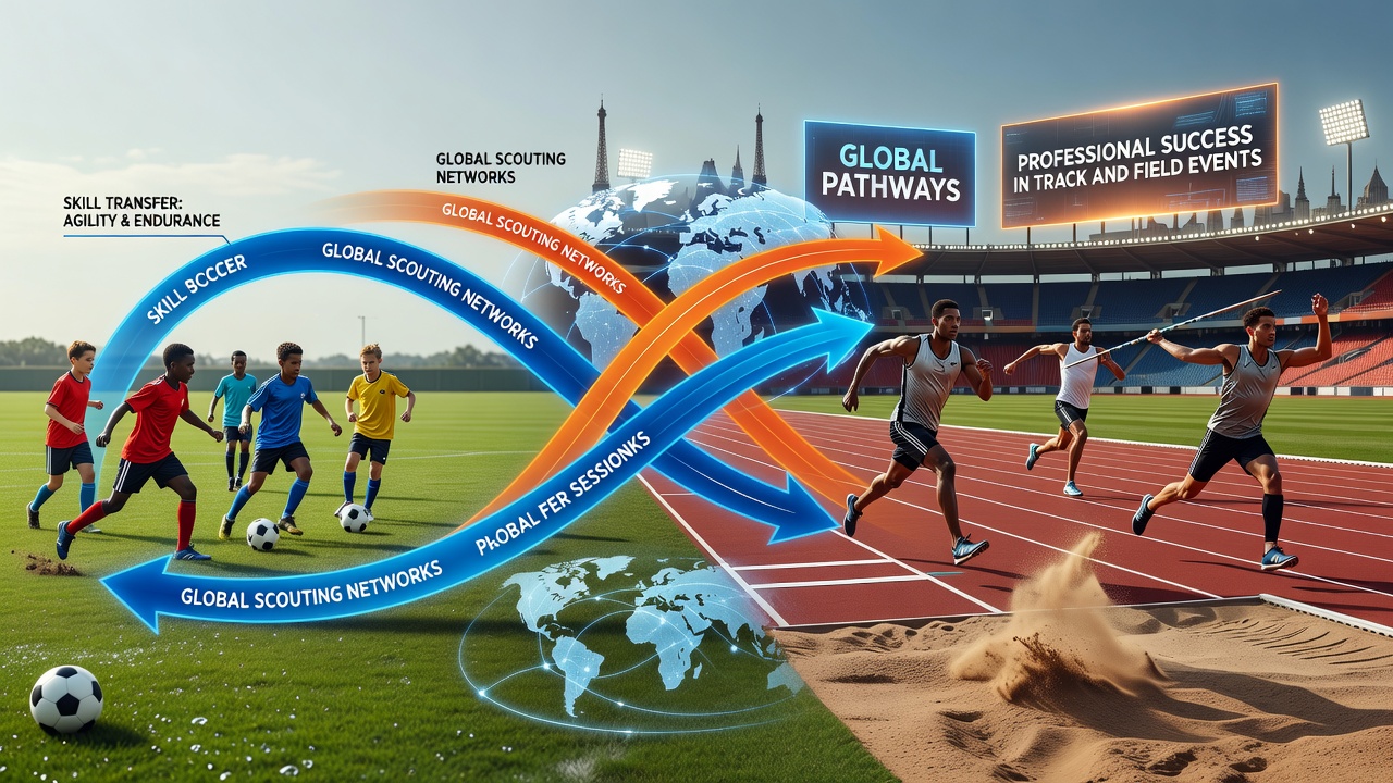 Professional track athletes who transitioned from soccer demonstrating relay handoff technique during a training session