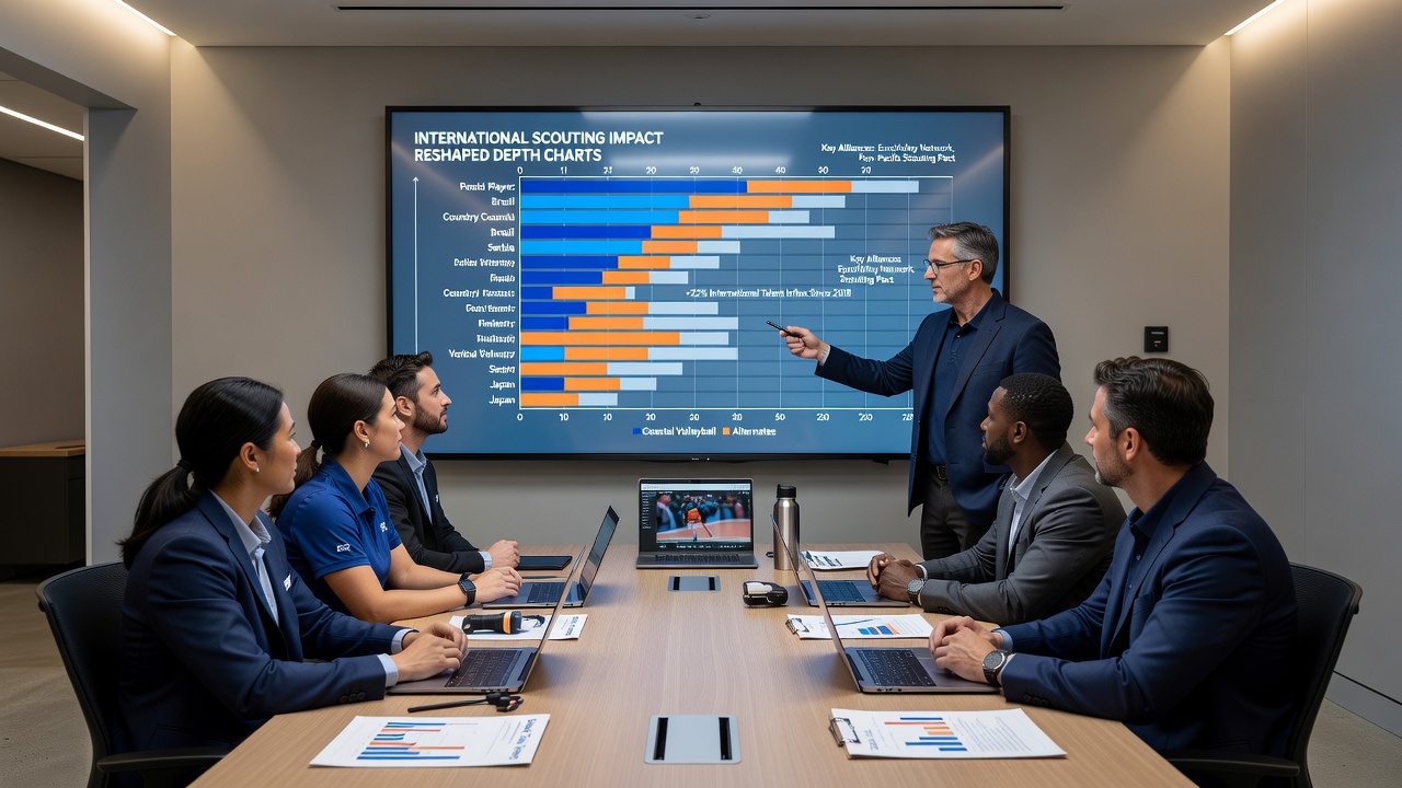 Rugby union scouts reviewing player data during an international alliance meeting