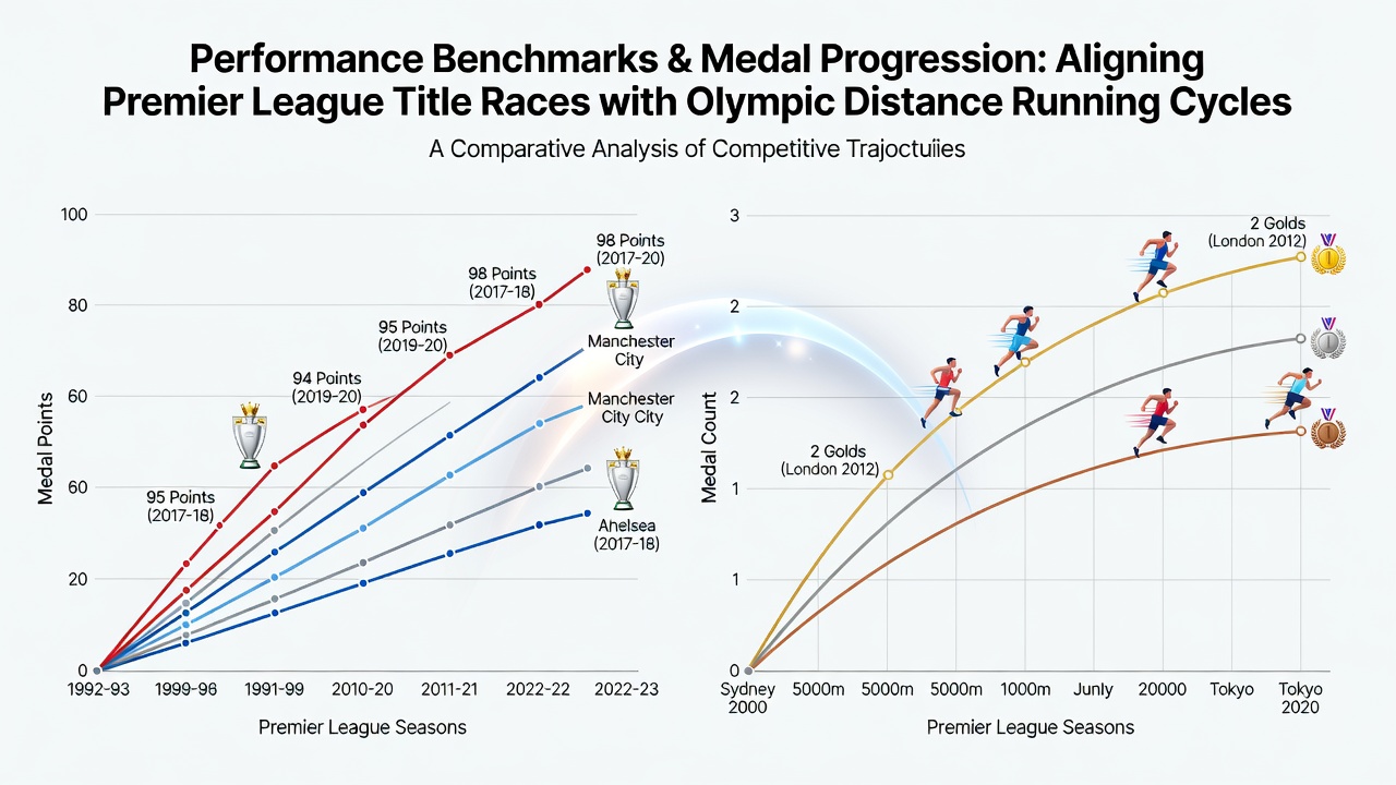 Comparative chart showing Premier League title race margins alongside Olympic distance running medal progression from 2000 to 2024