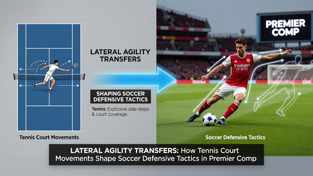 Soccer defender performing lateral shuffle during a Premier League match to close down an attacker