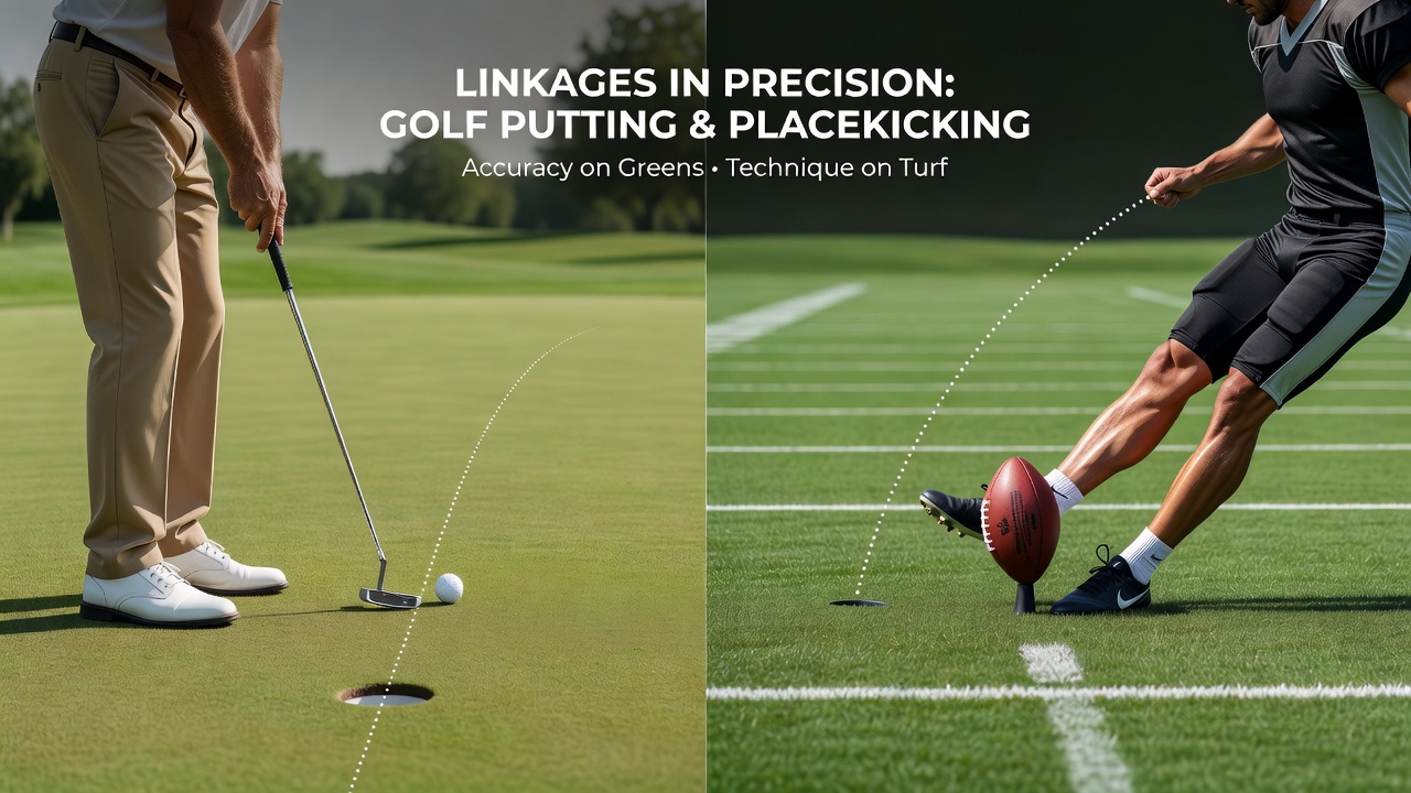 Placekicker demonstrating follow-through technique that parallels a golf putting stroke