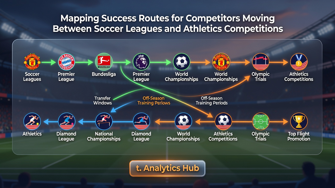 Global map highlighting athlete movement routes between soccer leagues and athletics events