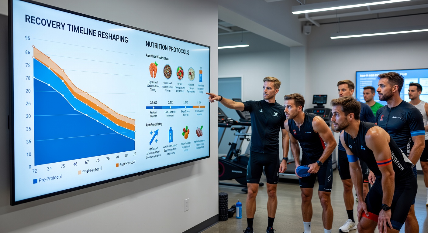 Endurance athletes reviewing nutrition plans during a team training session in a professional facility