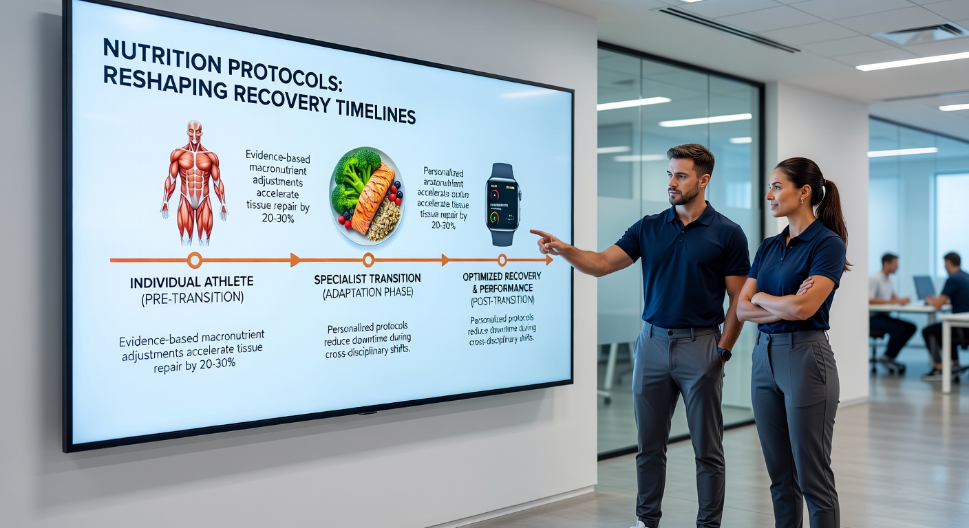 Sports nutritionist analyzing recovery metrics with an athlete using wearable technology in a lab setting