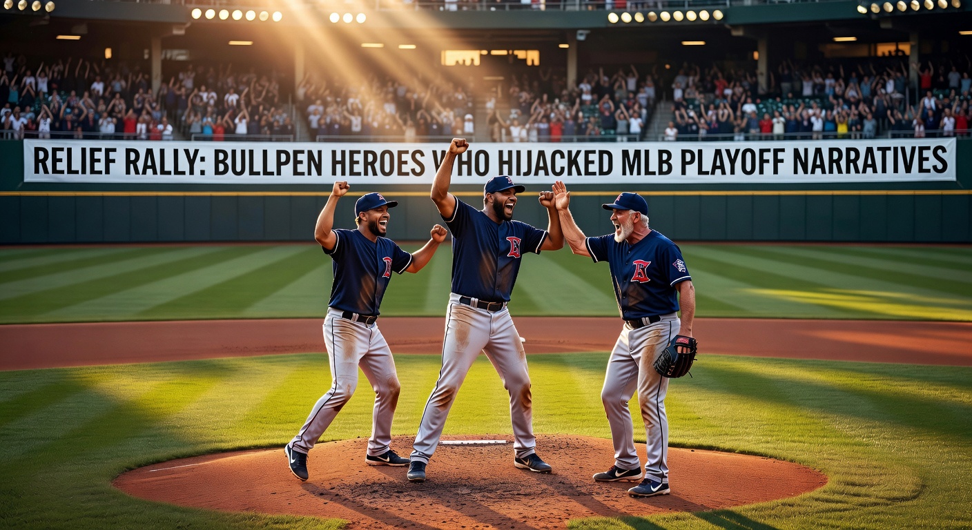 Dynamic action shot of MLB relief pitchers celebrating a key playoff save, arms raised amid stadium lights and cheering fans