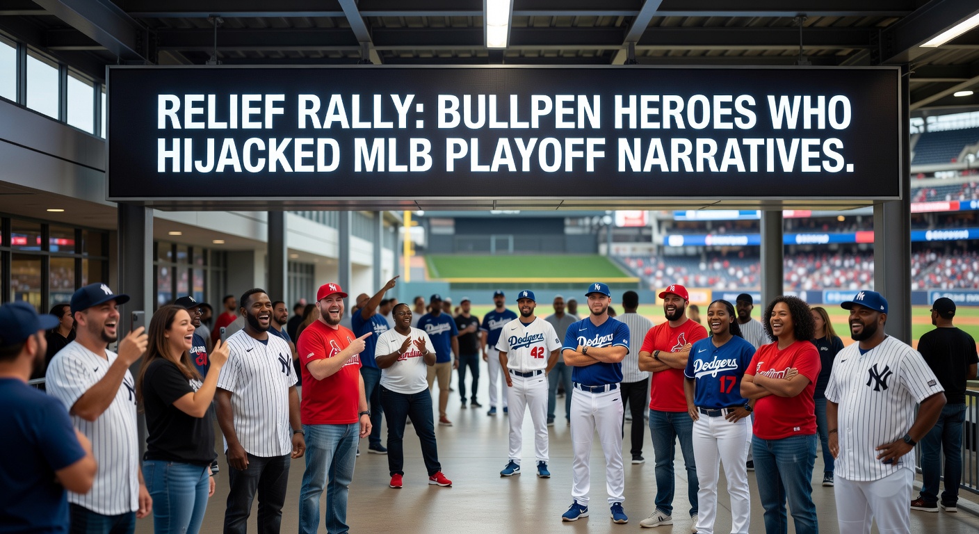 Close-up of a tense MLB playoff mound visit with relievers huddled, catcher gesturing amid roaring crowd and tight scoreboard