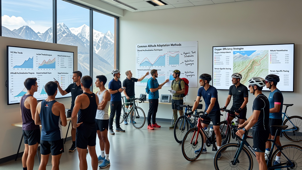 Coaches reviewing training metrics and blood oxygen data with athletes during an evening session at an altitude camp