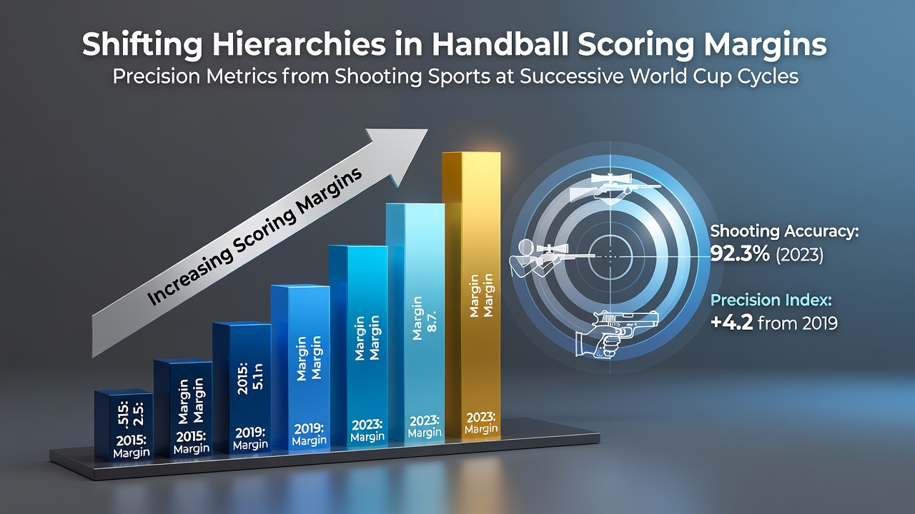 Handball players executing precise shots during a World Cup match with overlay metrics from shooting sports