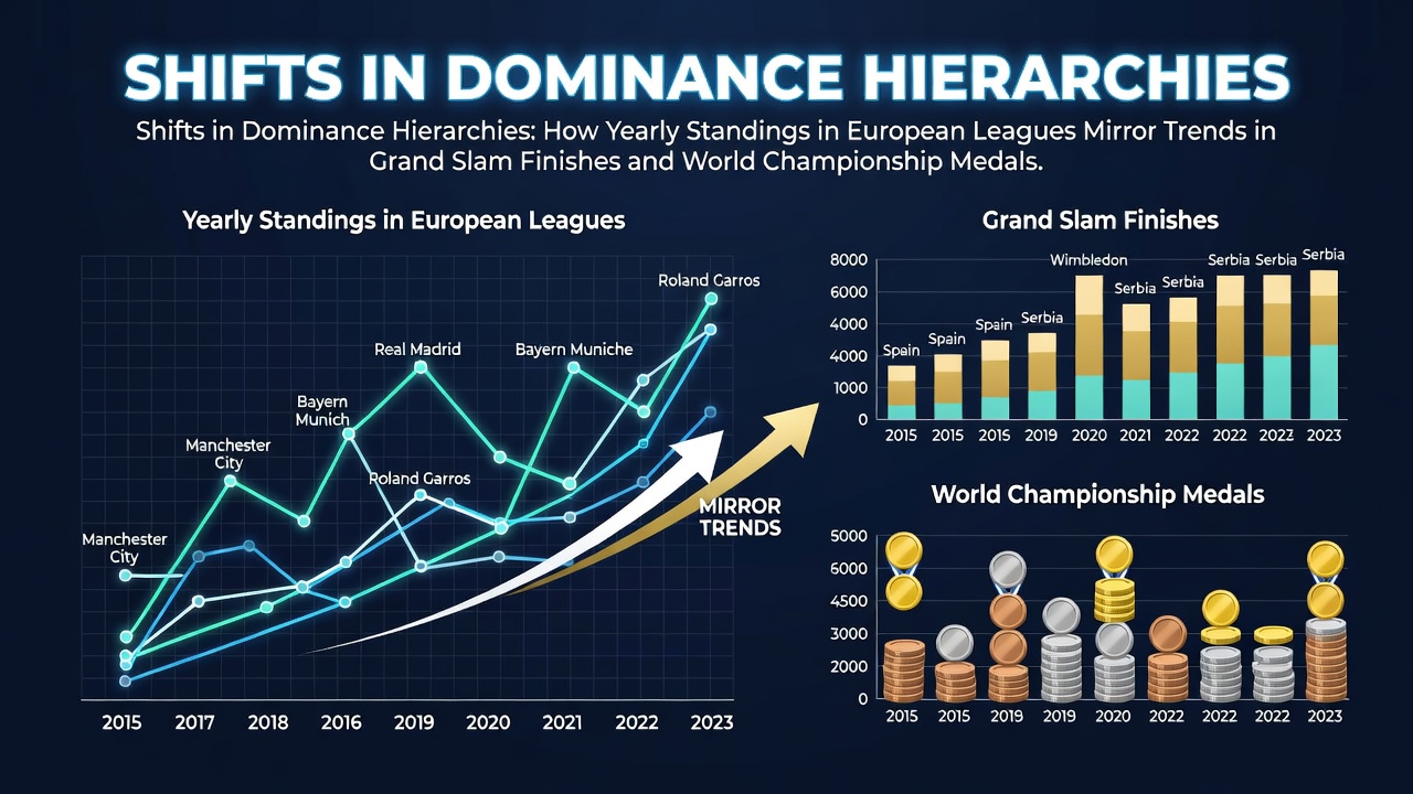Visual representation of European football league tables alongside tennis Grand Slam results and athletics medal counts