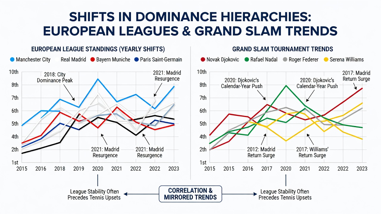 Comparative chart showing alignment between league positions, slam results and championship medals over recent seasons