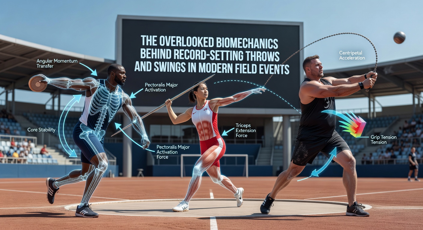 Athlete executing a discus throw with visible rotational torque and ground force application in a competitive field event