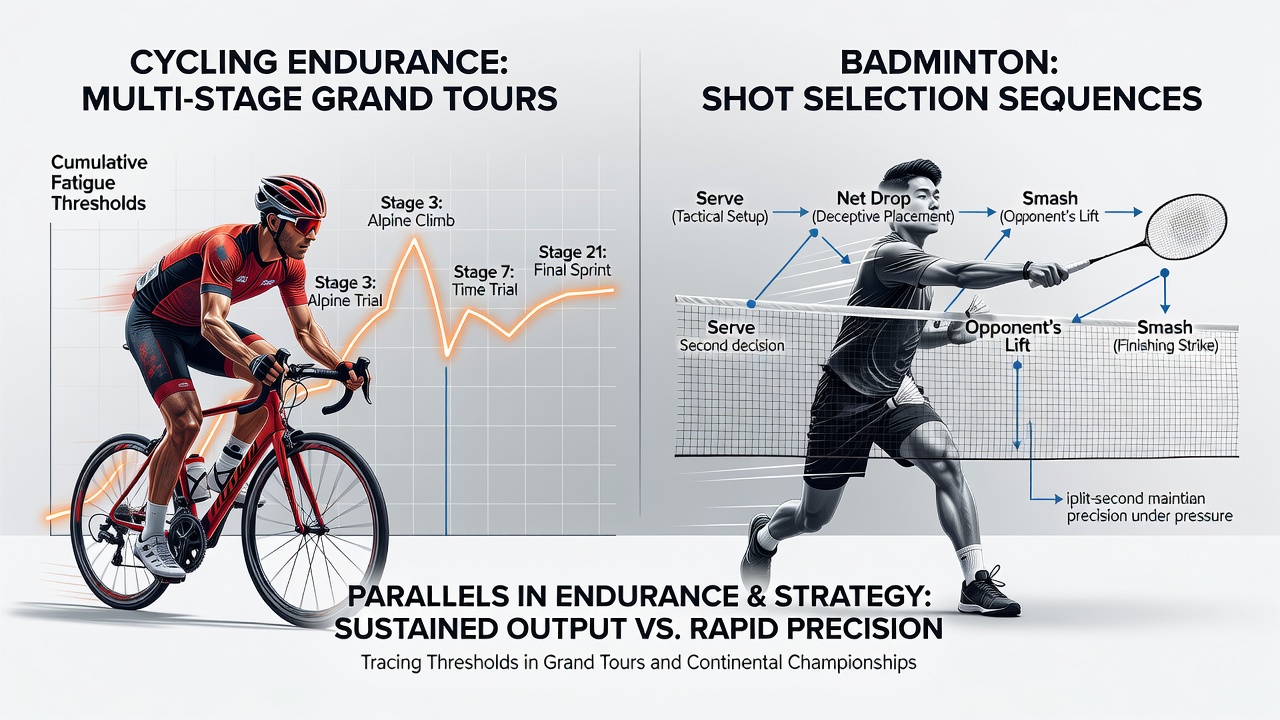 Cyclists navigating a multi-stage tour route alongside badminton players executing precise shots during continental championship matches