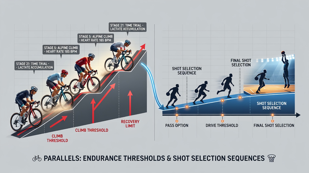 Performance data overlays showing cycling power curves and badminton rally statistics side by side