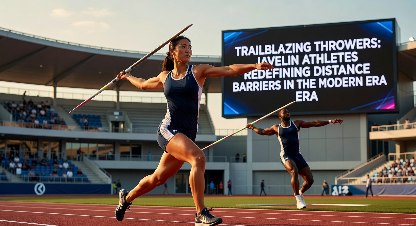 A javelin thrower captured mid-air during a powerful release, spear slicing through the sky toward a distant marker on a sunlit field