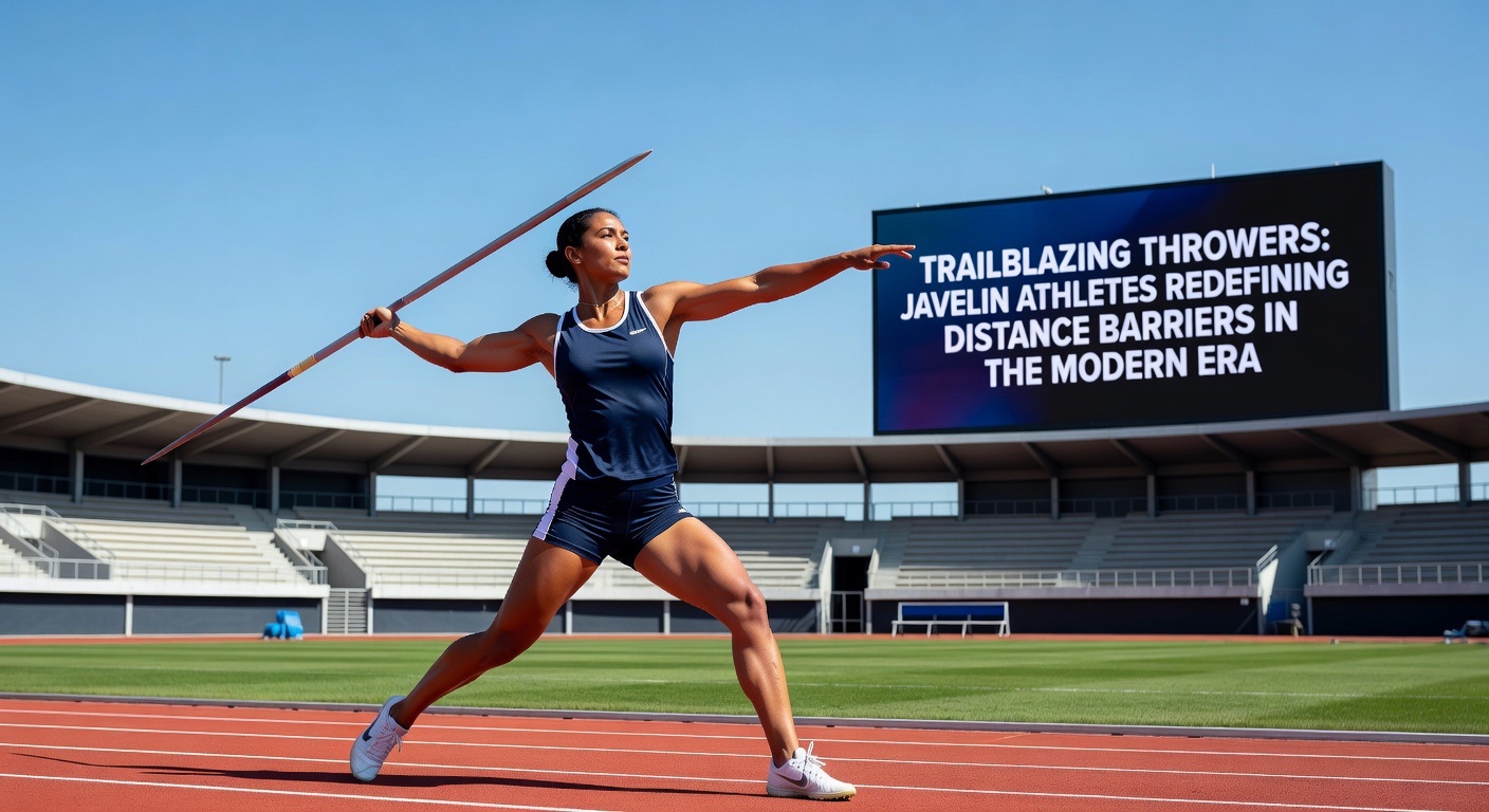 Close-up of a female javelin athlete winding up for her throw, muscles tensed, focus intense against a blurred stadium backdrop