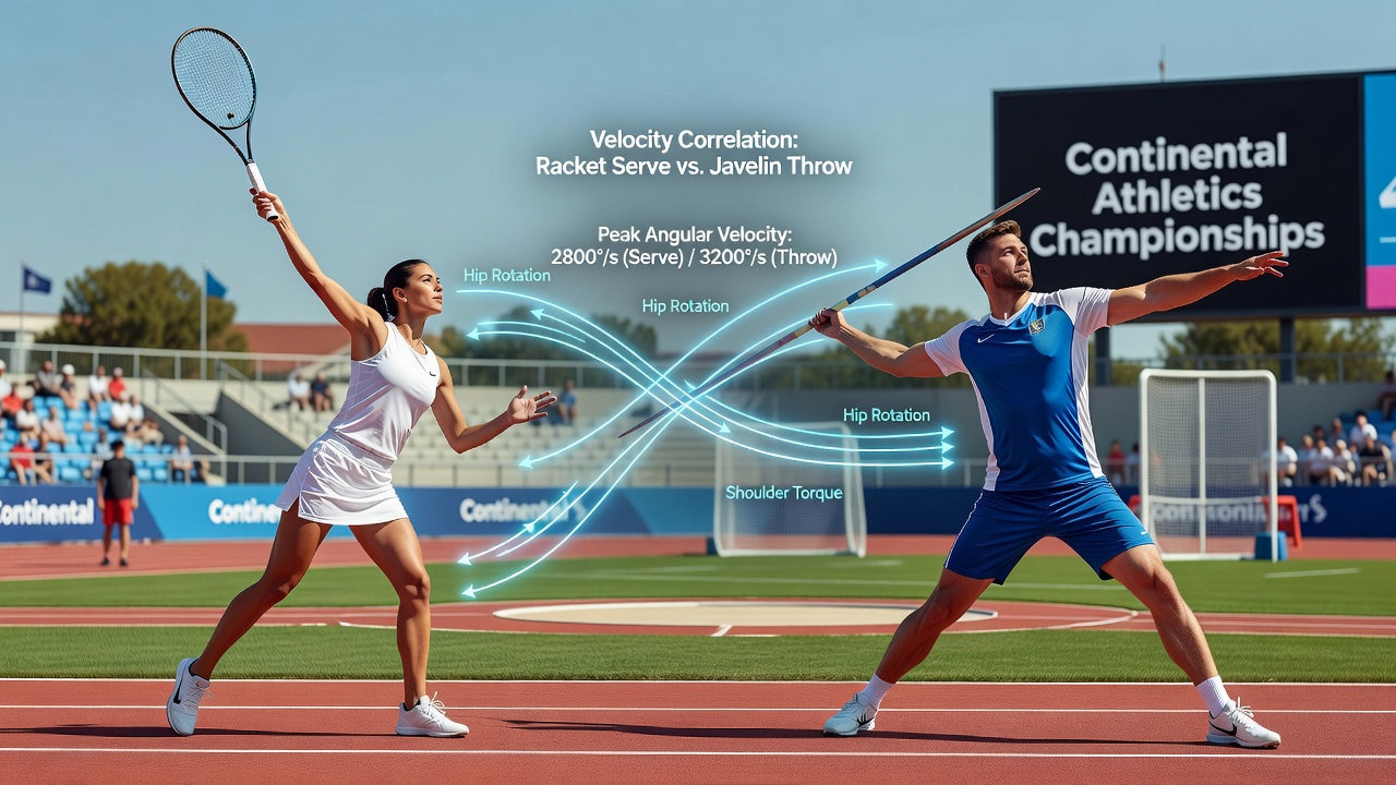 Athletes demonstrating serving mechanics in tennis alongside javelin throwers at a continental athletics meet, highlighting velocity patterns in upper body motion