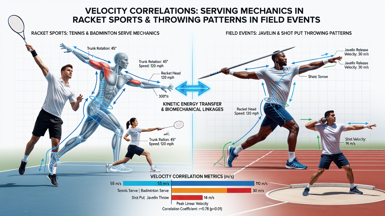 Side-by-side motion analysis of a badminton serve and a shot put delivery at a multi-sport continental venue, illustrating shared velocity curves in arm extension