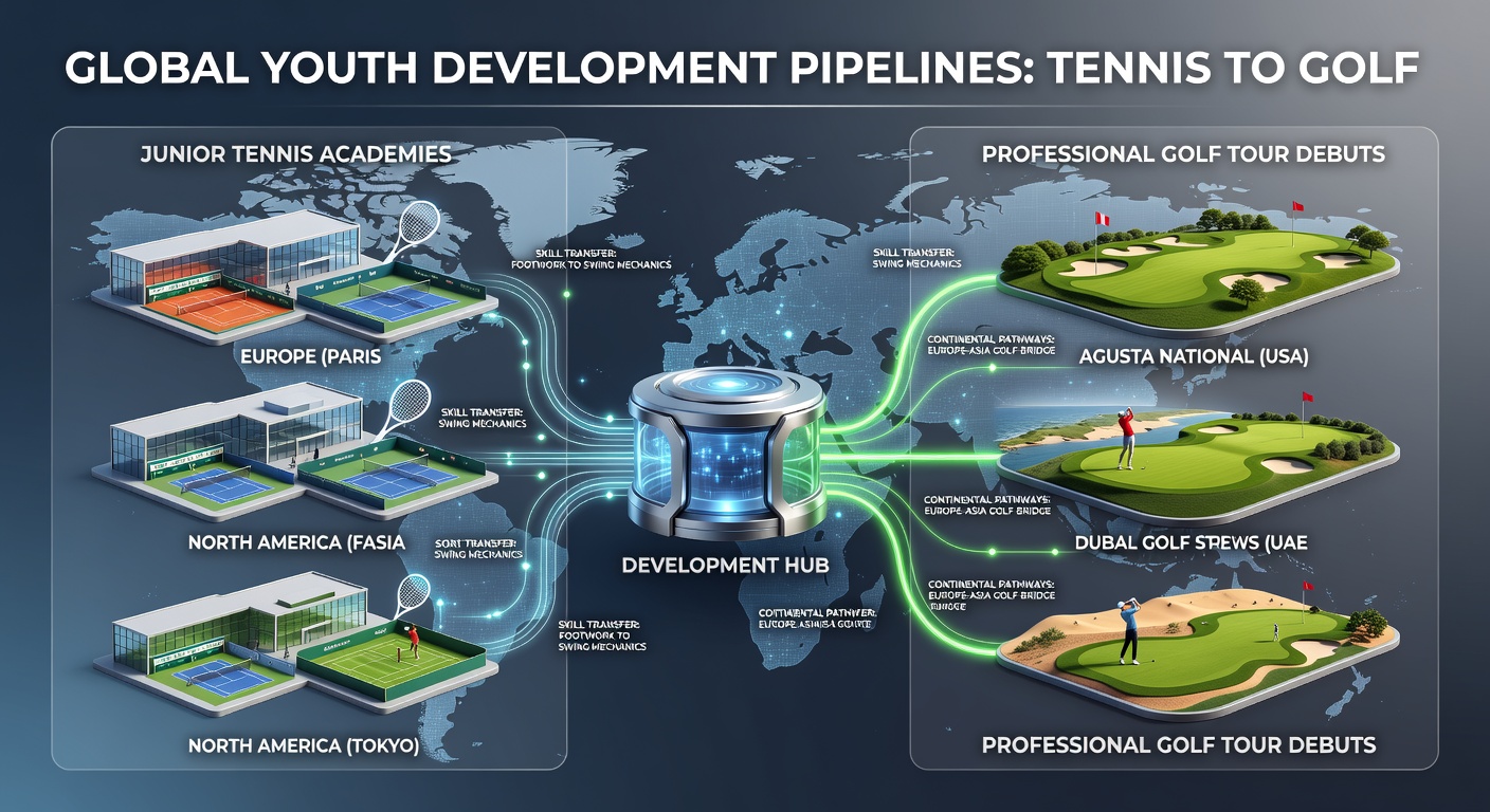 Junior athletes training in a multi-sport academy environment that blends tennis fundamentals with golf swing mechanics